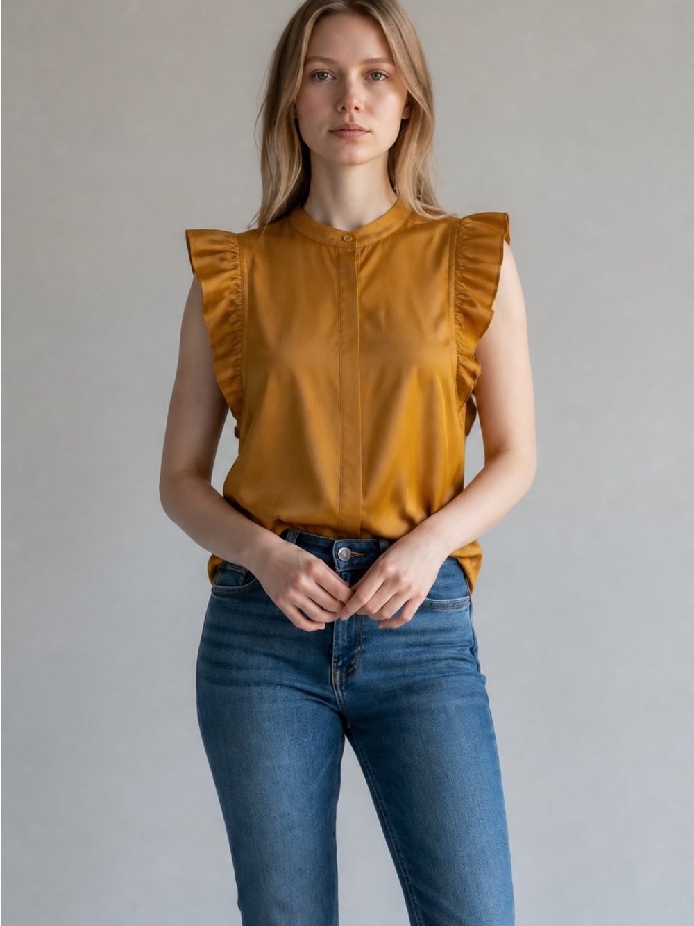 Express Gramercy Ruffle Sleeve Blouse Mustard Gold Size M